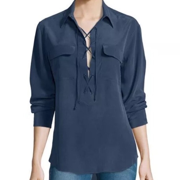 Equipment Knox Lace Up Henley Silk Blouse Sz XS EUC Magenta - Picture 6 of 8